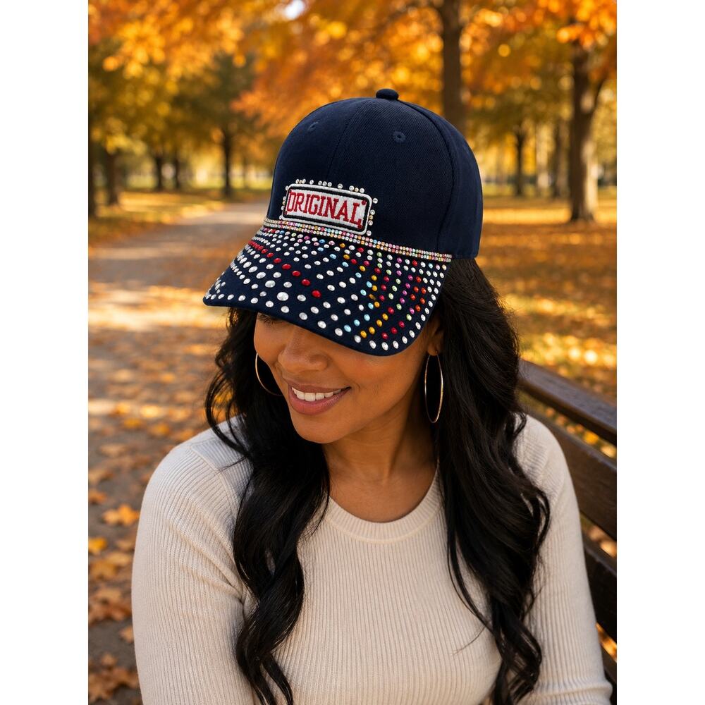 Navy Blue Rhinestone Bling Studded Streetwear Shiny Hip Hop Baseball Cap Hat